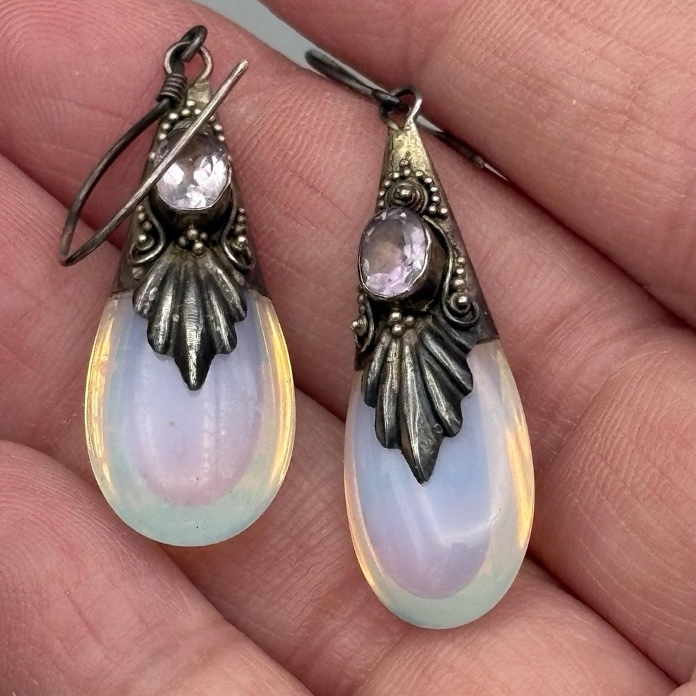 Vintage Sterling Silver Pierced Earrings Moonstone & Purple Stone Dangle 925